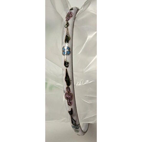 Vintage Cloisonné Large White Pink Green Flower Enamel Bangle Bracelet - Picture 3 of 10
